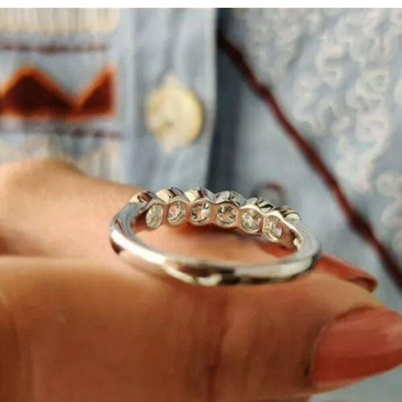 1.50Ct White Round Moissanite Half Bezel Set Wedding Band Ring In 14K White Gold - Picture 2 of 6